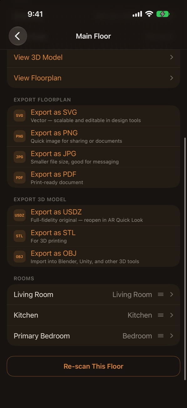 Export options and rooms